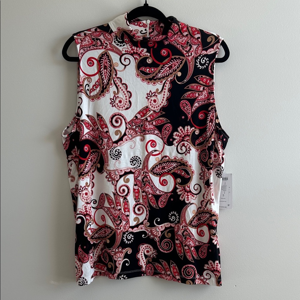 Chico's Red and Black Paisley Mock Neck Tank Top, size 3 (XL), Touch of cool